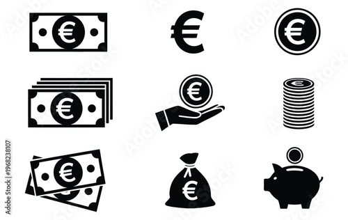 Euro banknotes, coins and money icons, financial infographic elements and symbols for web design