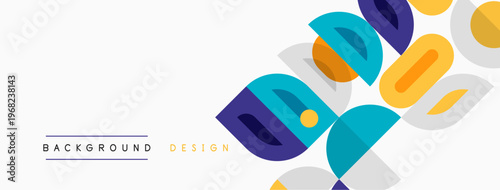 Abstract geometric shapes overlap, creating dynamic background. Colors include purple, teal, gold, white. Modern design element.