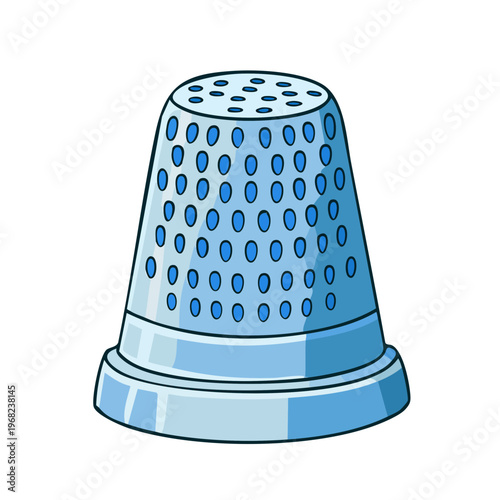 A blue sewing thimble with many small holes used to protect a finger when sewing
