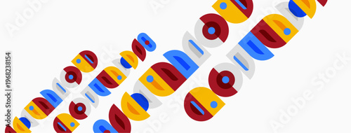 Colorful circles, rectangles overlap. Pattern repeats diagonally across white background. Bright, playful design. Simple geometry dominates composition.