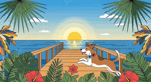 Happy dog running on wooden pier at sunset, tropical beach, ocean view