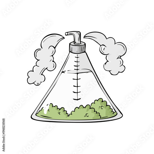 Laboratory flask dispensing green liquid with vapor clouds illustration