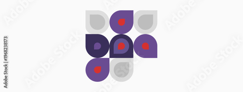 Abstract geometric shapes, purple and red dots on white background. Minimalist design, simple composition, modern aesthetic.