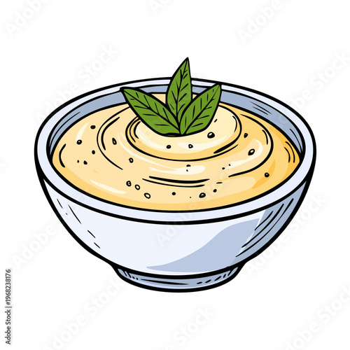 Hand Drawn Hummus Dip in Bowl Garnished with Green Mint Leaves and Black Pepper Specks