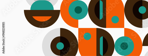 Retro pattern features geometric shapes. Orange, teal, brown colors dominate design. Simple forms create playful visual rhythm.