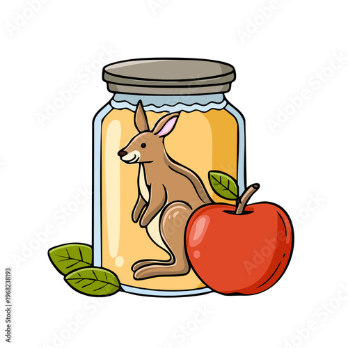 Cute cartoon kangaroo in a glass jar with an apple and leaves stylized illustration