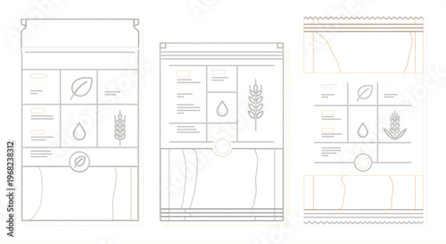 Modern minimalist line art product packaging templates set, featuring clean design elements and essential icons for natural food, organic produce, or beverage branding mockups and graphic assets