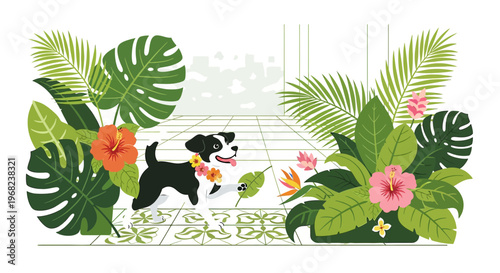 Happy Dog with Flower Lei in Tropical Paradise Garden