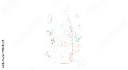 Refreshing Sketch Illustration of a Healthy Fruit and Vegetable Smoothie Drink in a Glass Bottle, Perfect for Wellness and Natural Goodness and Vibrant Lifestyle