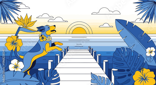 Happy Dog with Flowers on Tropical Pier at Sunrise, Ocean View
