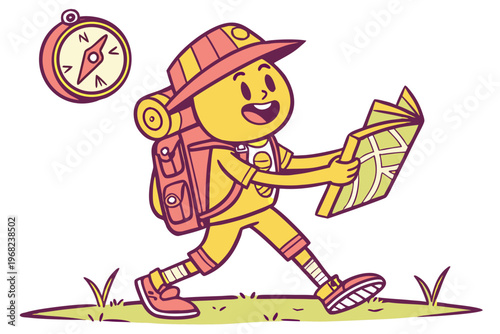  Cartoon Travel Adventure Explorer Character with Map Backpack Vector Illustration Isolated Set
