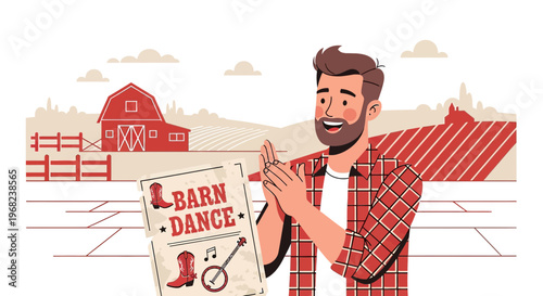 Happy Farmer Announces Barn Dance Event with Poster and Banjo Music