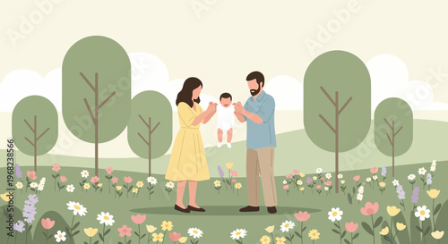 Happy Family with Baby in Blooming Meadow, Spring Nature Scene