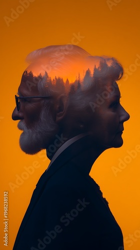 Double exposure of an elderly man and woman in profile with a forest landscape blended into their silhouettes against an orange background.