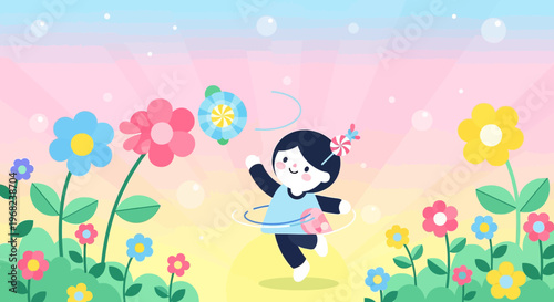 Happy Girl Hula Hooping Among Colorful Flowers and Bubbles