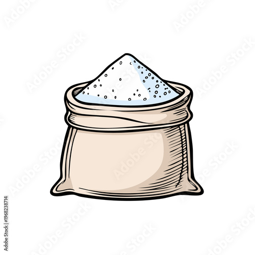 A burlap sack overflowing with white granular sugar depicted in a hand drawn sketch style
