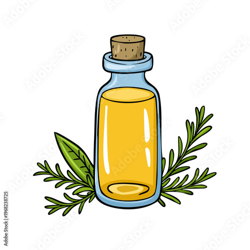 Herbal Essential Oil in Glass Bottle with Rosemary Sprigs Illustration