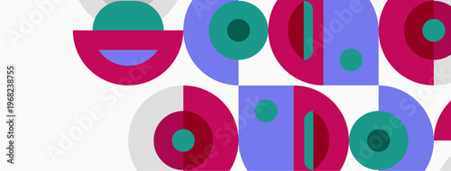 Abstract geometric shapes, vibrant colors, playful design. Circles, semicircles create repeating pattern. Modern aesthetic, simple composition.