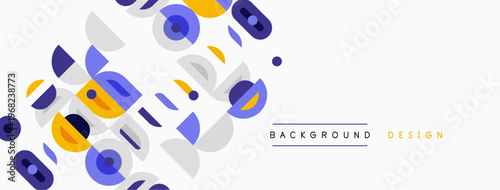 Abstract geometric shapes, circles, squares, rectangles overlap. Light background with blue, purple, yellow accents. Modern design element.