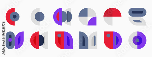 Abstract geometric shapes, purple, red, white. Minimalist design, circular forms, varied compositions, modern aesthetic.
