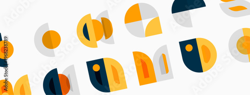 Abstract geometric shapes, circles, arcs, overlapping forms. Warm colors dominate, creating modern pattern. Minimalist design.