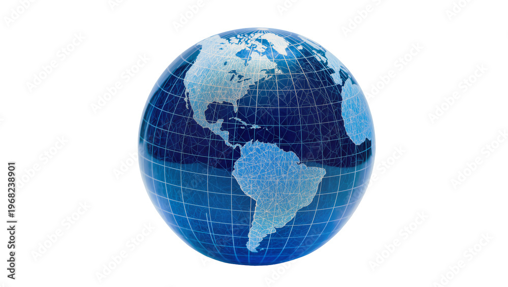 Obraz premium Glowing blue digital globe displaying continents of North and South America intricately detailed with wireframe grid, isolated on transparent background for global business