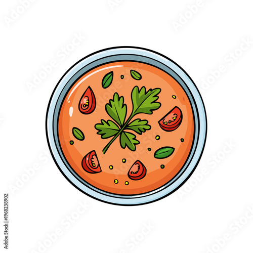 Delicious tomato soup with fresh parsley and cherry tomato slices viewed from above