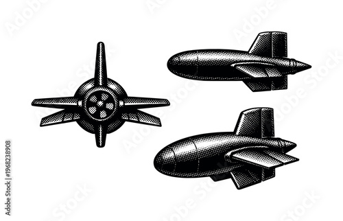 Submarine stern control surfaces A realistic submarine stern control surface assembly represented as one object in three views: rear cross view, side profile