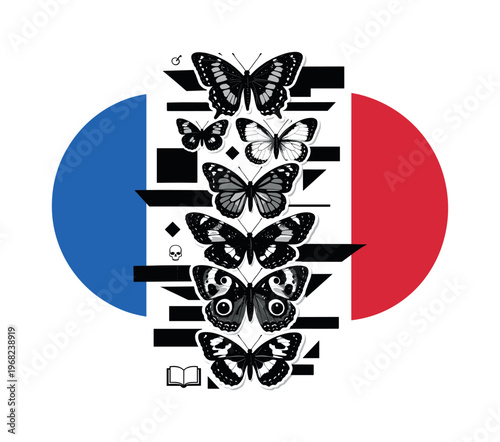 Black and white collection of multiple butterfly specimens arranged vertically like an entomology archive, bold electric blue and crimson semicircles partially