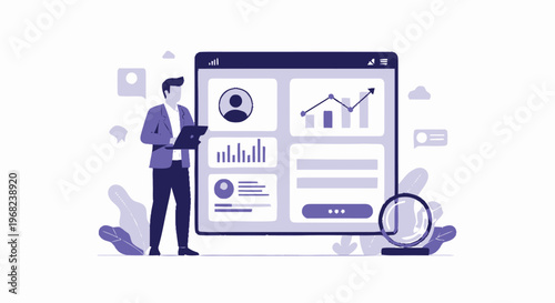 Business professional analyzing data on a digital dashboard interface.