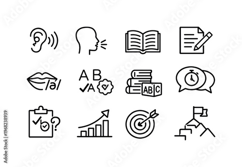Language Skills Training. Line icon set of Language Skills Training: listening skill, speaking skill, reading skill, writing skill, pronunciation guide,