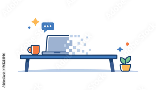 Remote worker invisibility daily disconnect expressed through a lone laptop on a desk fading into empty space, conveying isolation, reduced presence and being