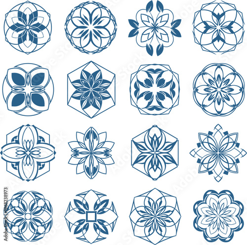 Collection of Blue Geometric Floral Ornaments.