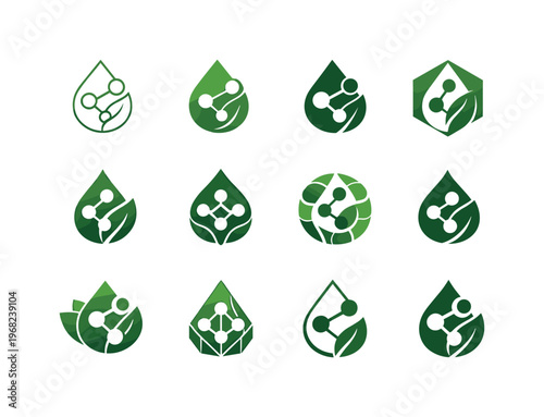 Biofuel innovations. Icon set. Set Logo of biofuel innovations: bioenergy molecule symbol. harmonious logo variations of the same emblematic concept, each with