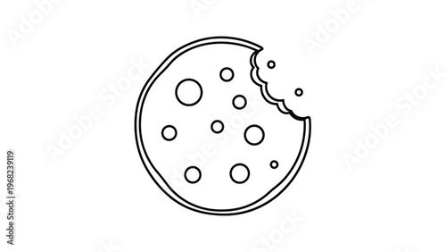 Simple black and white line art drawing of a round cookie with several chocolate chips and a large bite taken out of its upper right side.