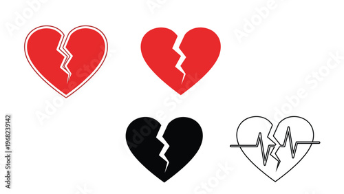 Collection of four broken heart icons in red and black styles including silhouettes, outlines, and a heartbeat line version on white background.