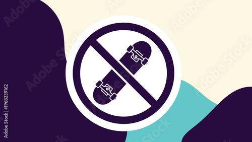 No skateboarding prohibition sign featuring a dark board silhouette inside a crossed out circle on an abstract purple and teal background.