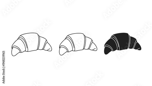 Trio of croissant icons displayed in different styles including a simple outline, a thin line version, and a solid black silhouette icon.