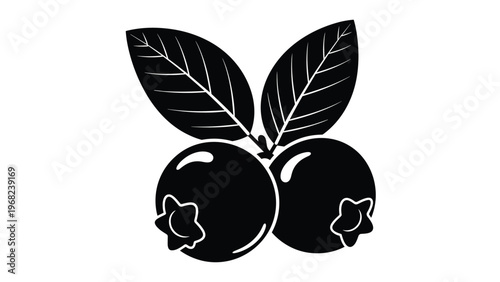 Solid black silhouette of two blueberries with two attached leaves shown in a clean graphic style isolated on a plain white background.