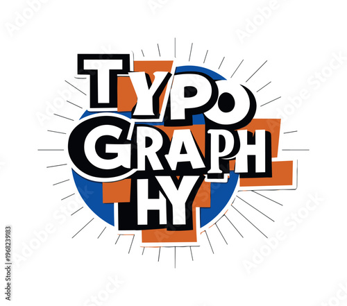 Black and white sticker-style typography kit with mixed uppercase letters appearing as layered cut paper elements, terracotta orange geometric blocks and a