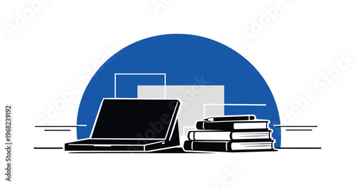 Black and white side-view of a tidy desk with a closed laptop and stacked books, bold cobalt blue semicircle framing the workspace, thin linear accents