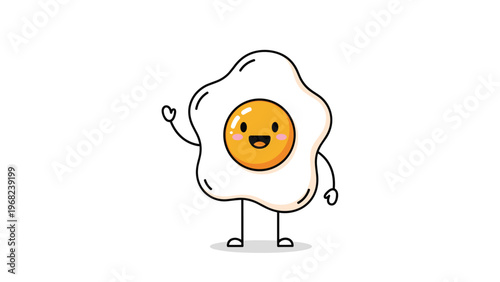 Happy cartoon fried egg character with a cheerful smiling face and small arms and legs waving hello on a clean white background.