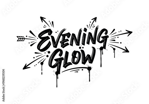 Evening Glow. lettering and all elements in black. Vector style. AWhite background. Pure white background. Perfect isolation and visual consistency. Dynamic