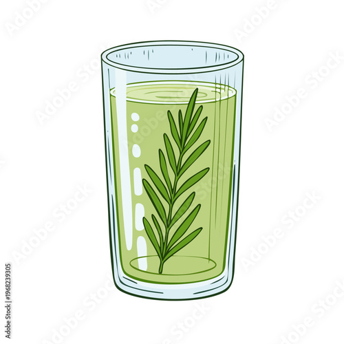 Refreshing green drink in a glass with a sprig of rosemary on a white background