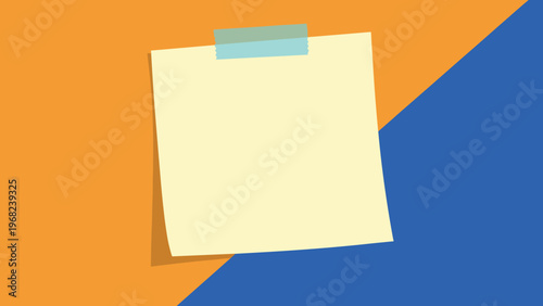 Blank yellow sticky note attached with blue tape to a background split diagonally into orange and dark blue colors for copy space.