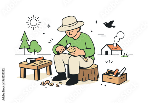Rural handcraft moment. A person working with wood outdoors, carving or repairing a simple object. Focused calm work with natural textures suggested through