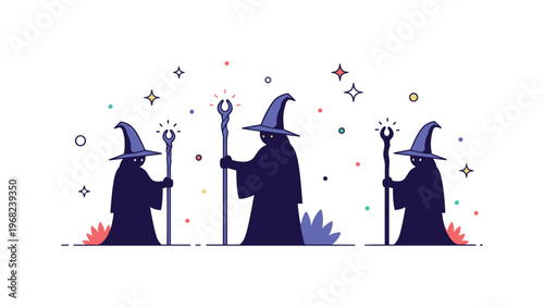 Evil sorcerers enchanted forest concept where shadowy figures wield magical staffs while tiny sparkle and star icons highlight villainy, power, and dark