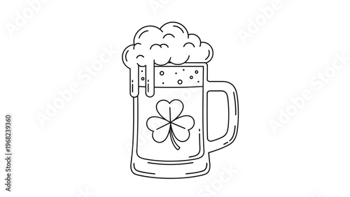 Black and white line art illustration of a glass mug filled with beer and overflowing foam featuring a three-leaf clover.