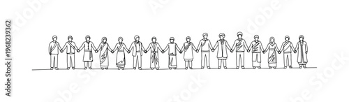 Global Togetherness. Minimalistic one-line drawing individuals with different traditional clothing joining hands, continuous single black line on white