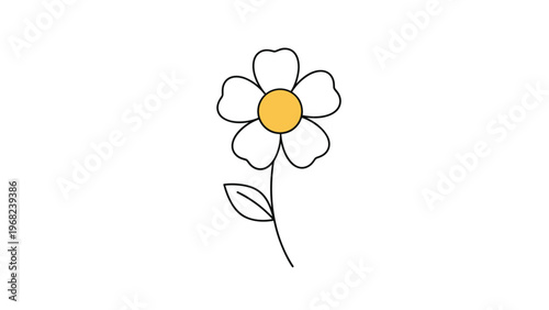 Simple hand-drawn illustration of a five-petal white flower with a bright yellow center and a single green leaf on a stem.